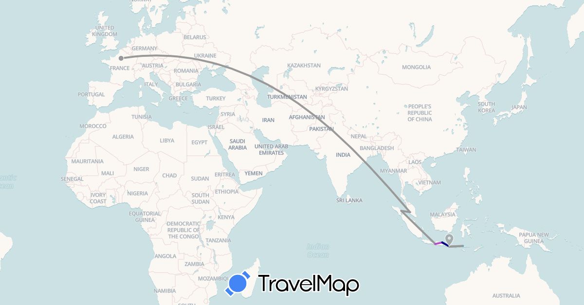 TravelMap itinerary: driving, plane, train, boat in France, Indonesia, Malaysia (Asia, Europe)